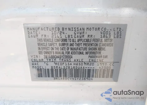 2025 Nissan Sentra Sv from USA, damaged, VIN 3N1AB8CV4SY238904